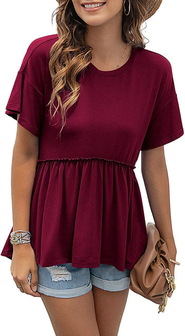 Women's Loose Ruffle Hem Short Sleeve High Low Peplum Blouse Top